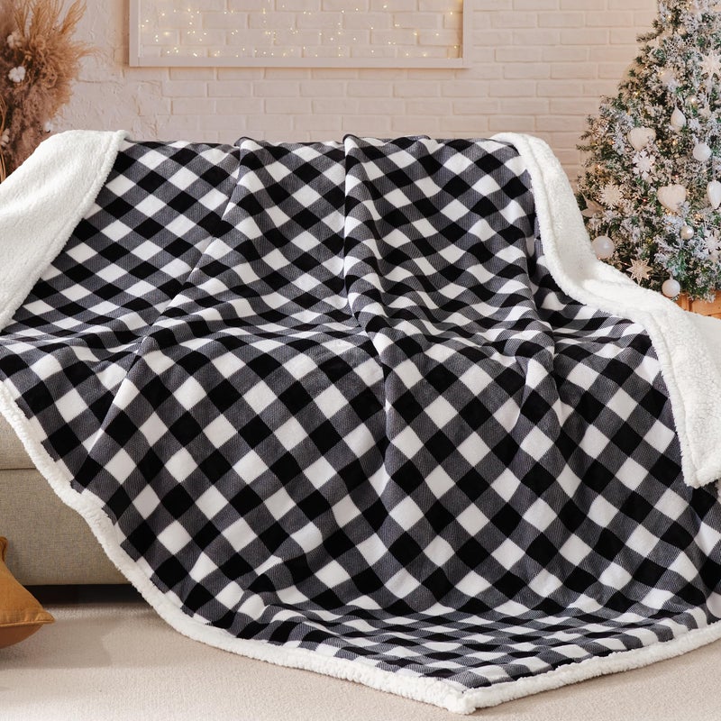 BEAUTEX Sherpa Fleece Flannel Throw Blanket, Super Soft Warm Buffalo Plaid Plush Blankets and Throws, Lightweight Cozy Fuzzy Blanket for Couch Sofa Bed (Black, Throw 50" x 60") - Image 4